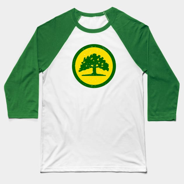 Retro Oakland California Flag // Vintage Oakland Grunge Emblem Baseball T-Shirt by Now Boarding